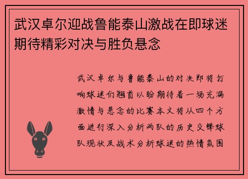 武汉卓尔迎战鲁能泰山激战在即球迷期待精彩对决与胜负悬念